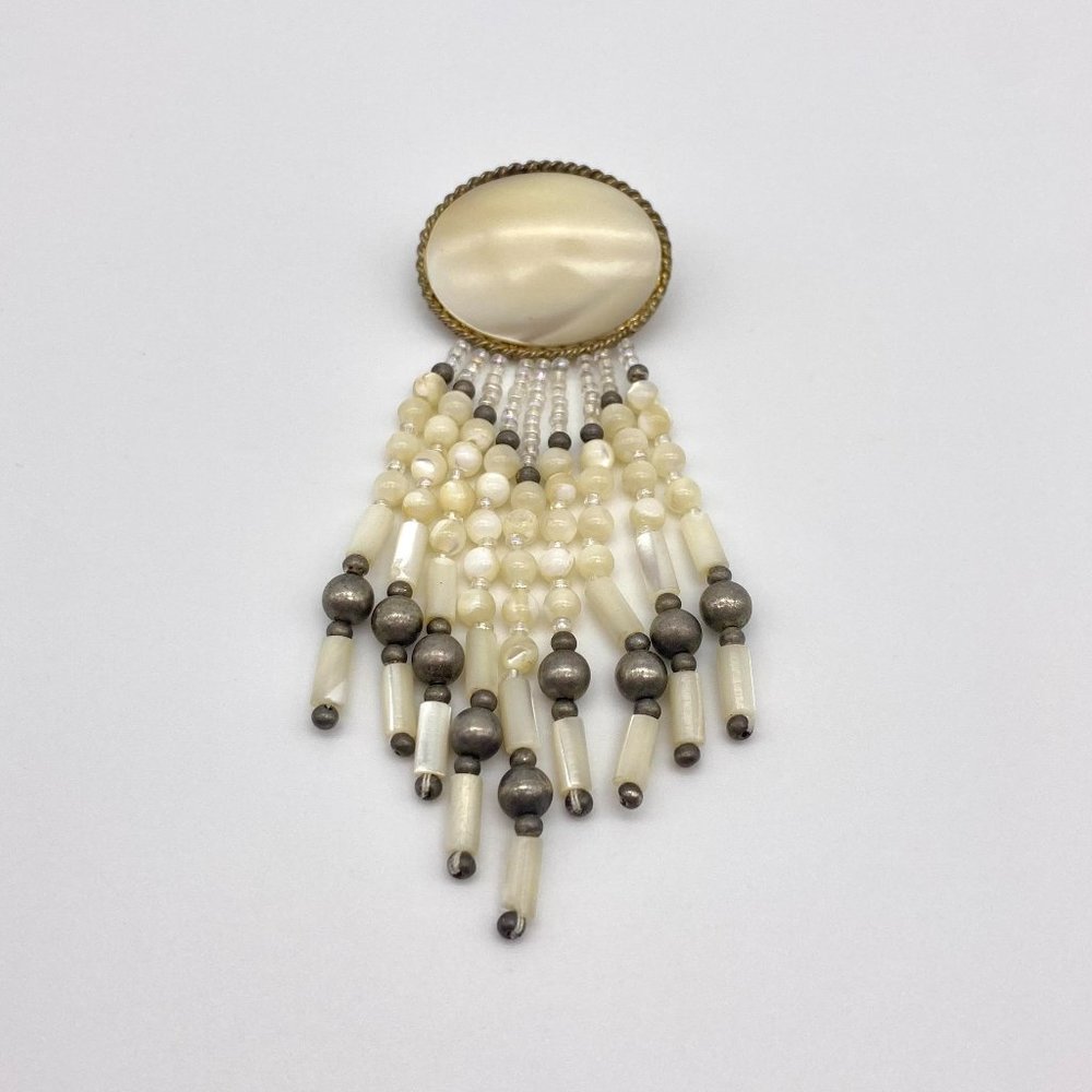 1980s Vintage Long Beaded Pin - Mother of Pearl Brooch